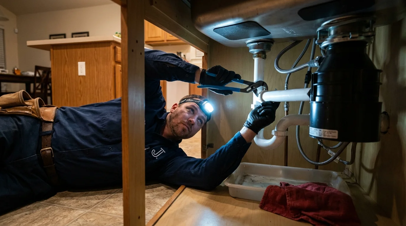 P-trap and supply line connections under a kitchen sink showing a common leak point in Franklin, LA